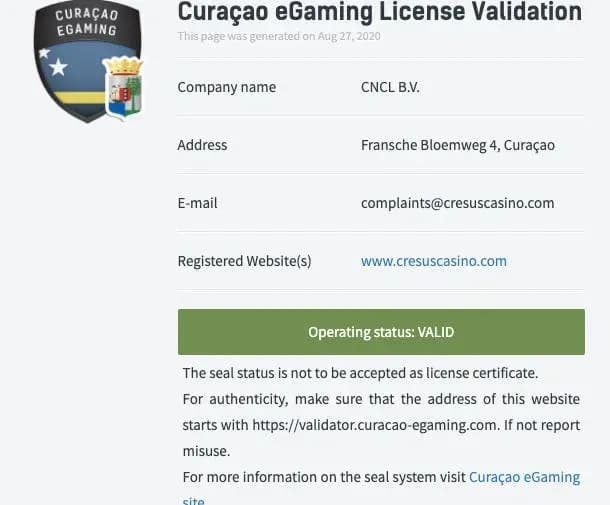 Licence Cresus Casino