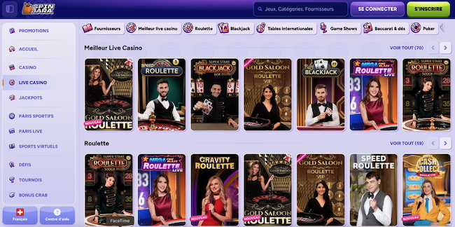 spinbara casino avis sur les live casino et jeux de table